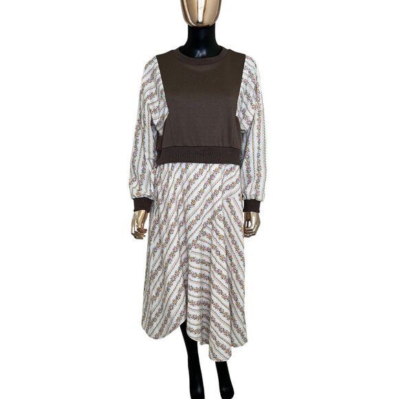 🆕 Anniewear Los Angeles Long Sleeve Midi Dress Brown Bodice with Floral Skirt - Picture 4 of 12